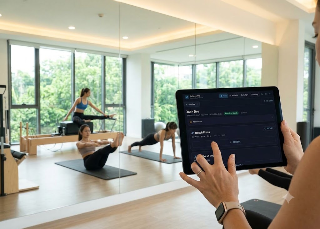 A coach using TrainSync Pro on a tablet in a studio
