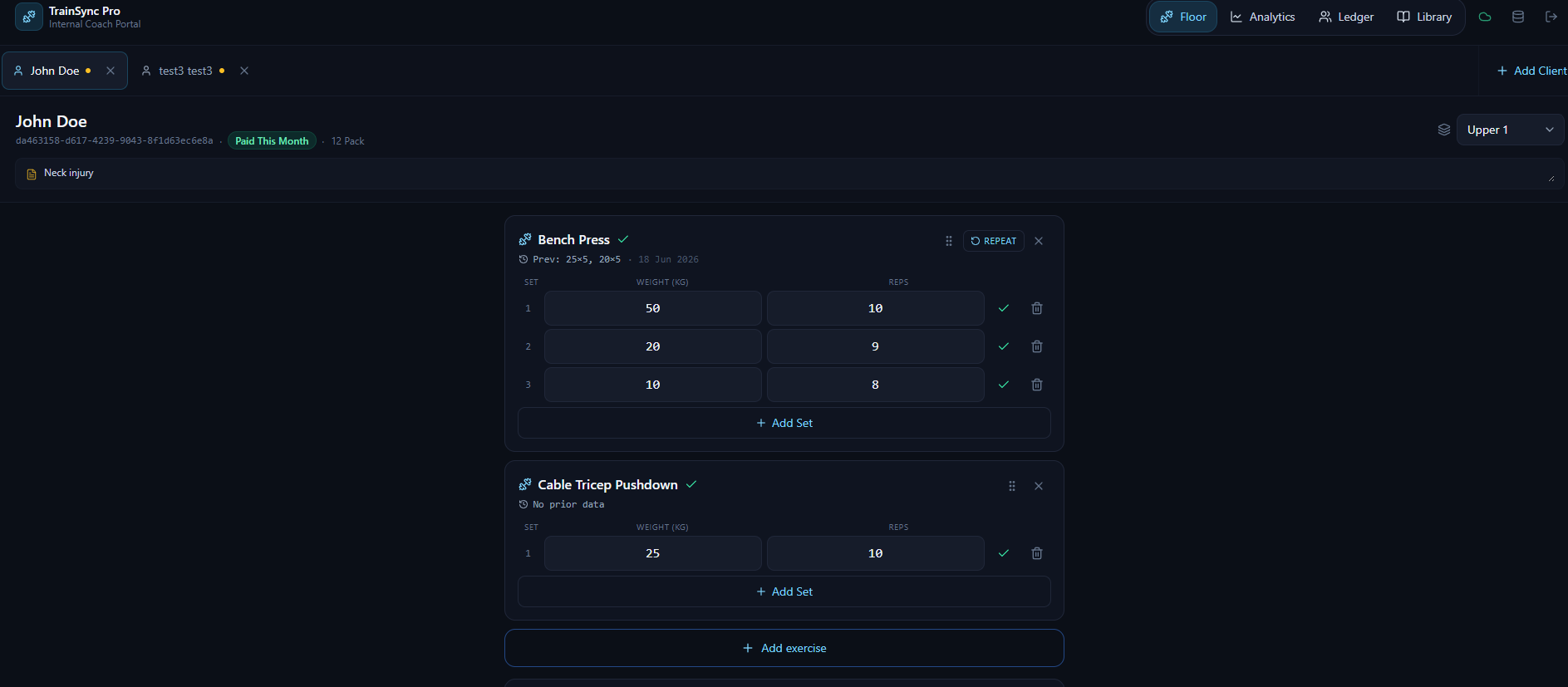 TrainSync Pro live workout session screen